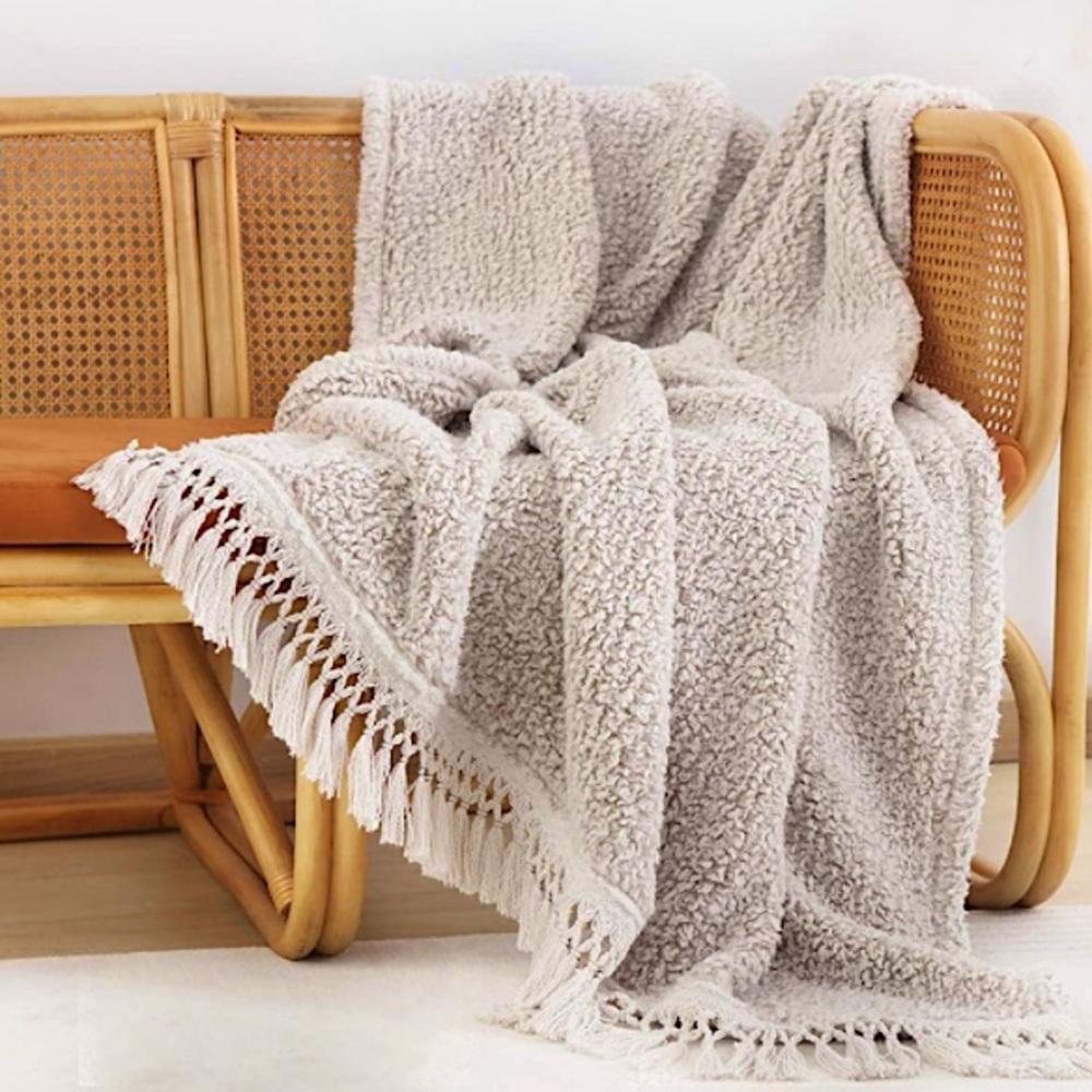 Tan/Cream Boho Farmhouse Indie Fringe Tassel Cute Cold Weather Sherpa Blanket